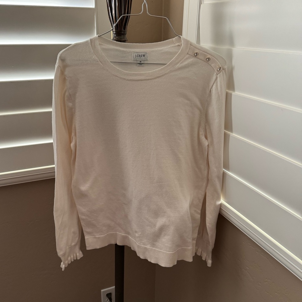 J.CREW IVORY RUFFLE RHINESTONE SWEATER TOP SZ M - Picture 3 of 8